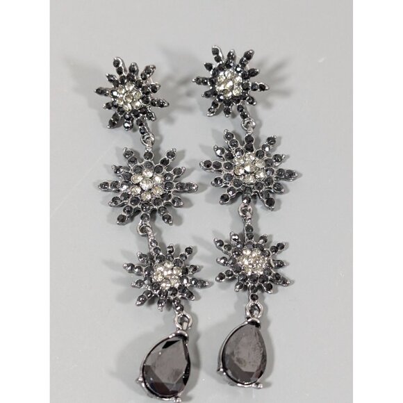 Gothic Black Rhinestone Starburst Flower Long Dangle Earrings Evening - Picture 4 of 6